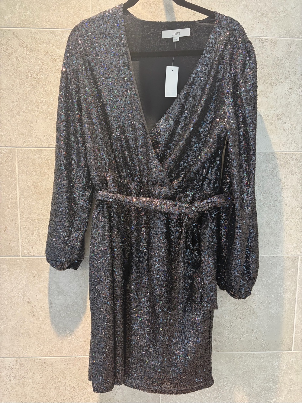 LOFT Black Sequin Wrap Dress with Belt